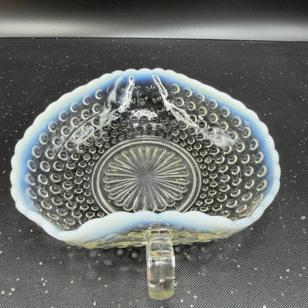 Anchor Hocking Moonstone Hobnail Opalescent Glass Bowl Ruffled Edge W‎ Handle